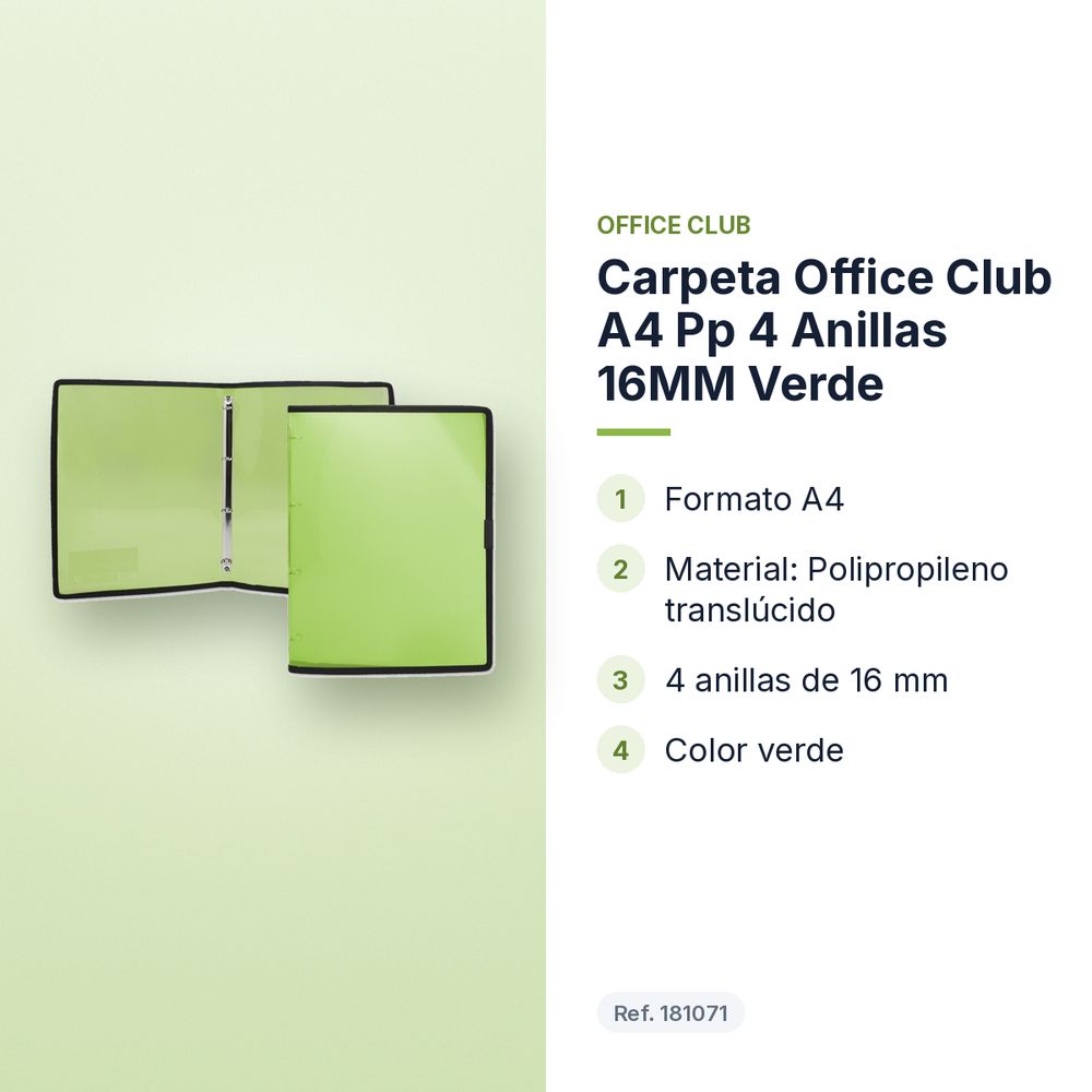 CARPETA OFFICE CLUB A4 PP 4 ANILLAS 16MM VERDE - características principales