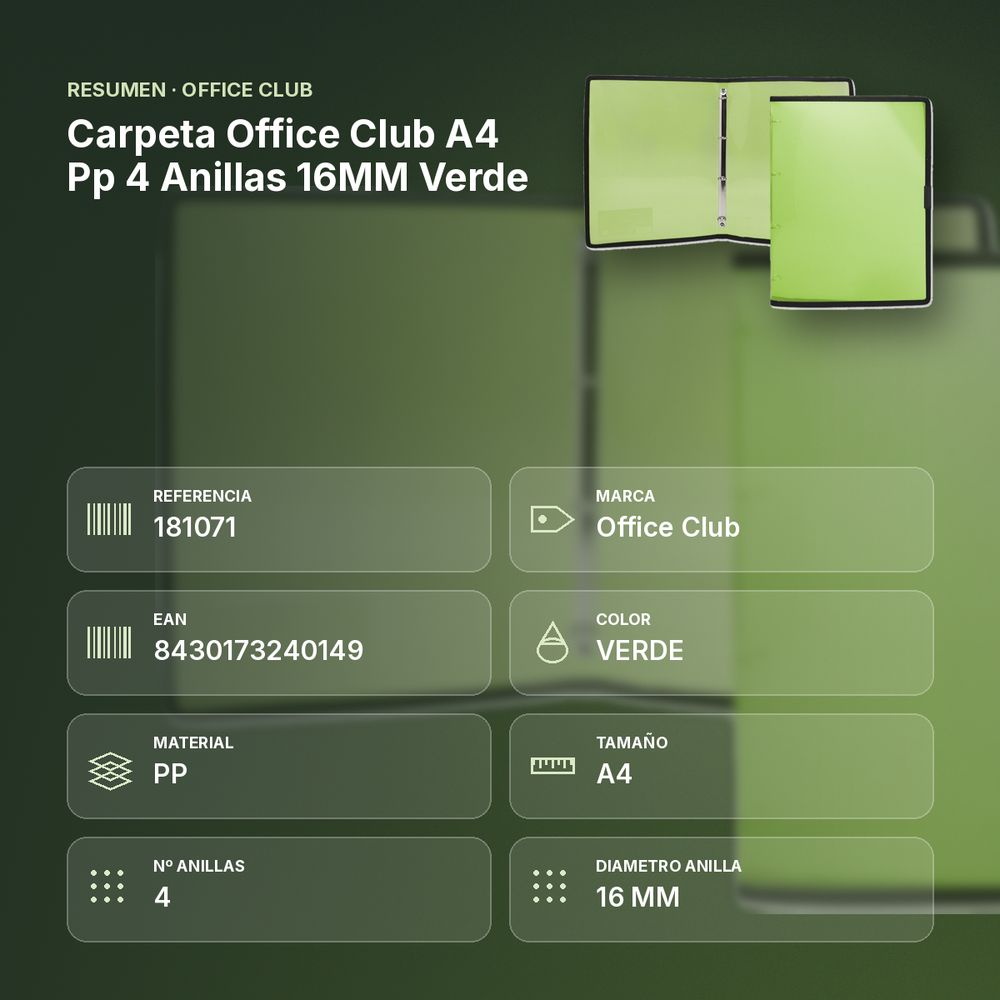 CARPETA OFFICE CLUB A4 PP 4 ANILLAS 16MM VERDE - resumen de atributos