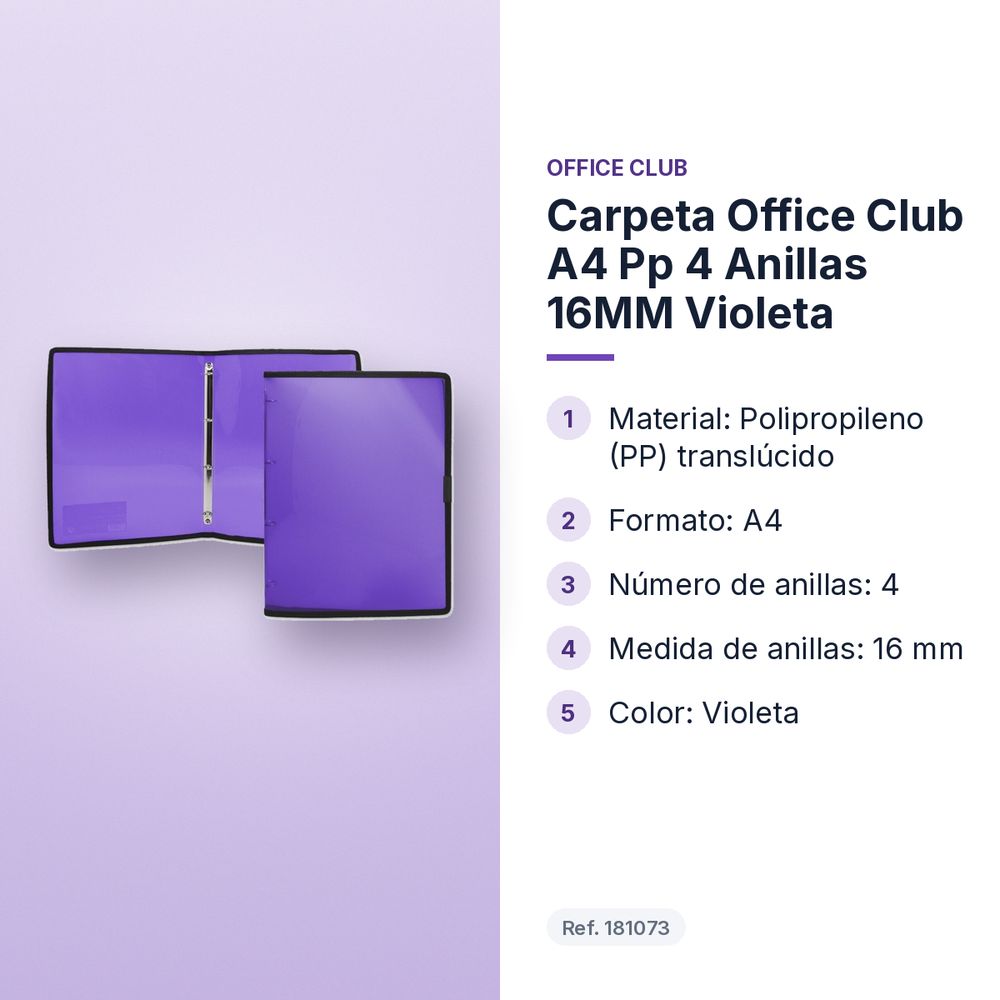 CARPETA OFFICE CLUB A4 PP 4 ANILLAS 16MM VIOLETA - características principales