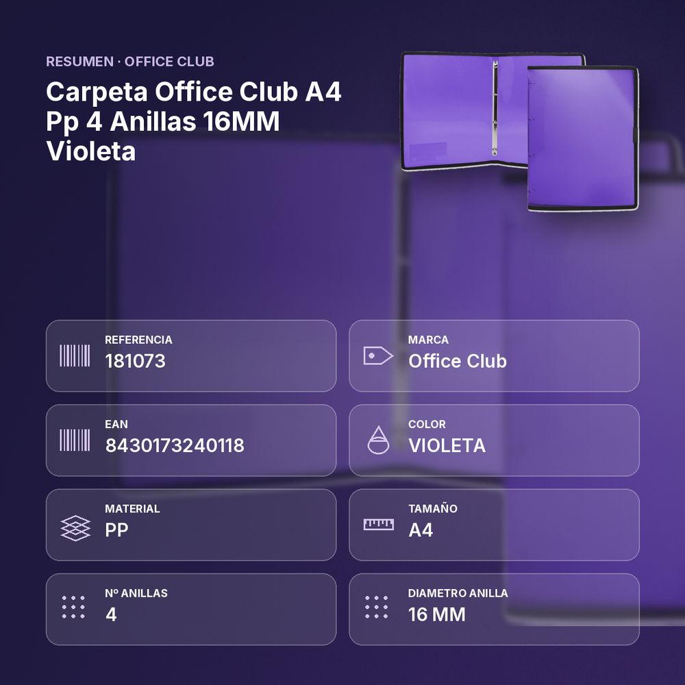 CARPETA OFFICE CLUB A4 PP 4 ANILLAS 16MM VIOLETA - resumen de atributos