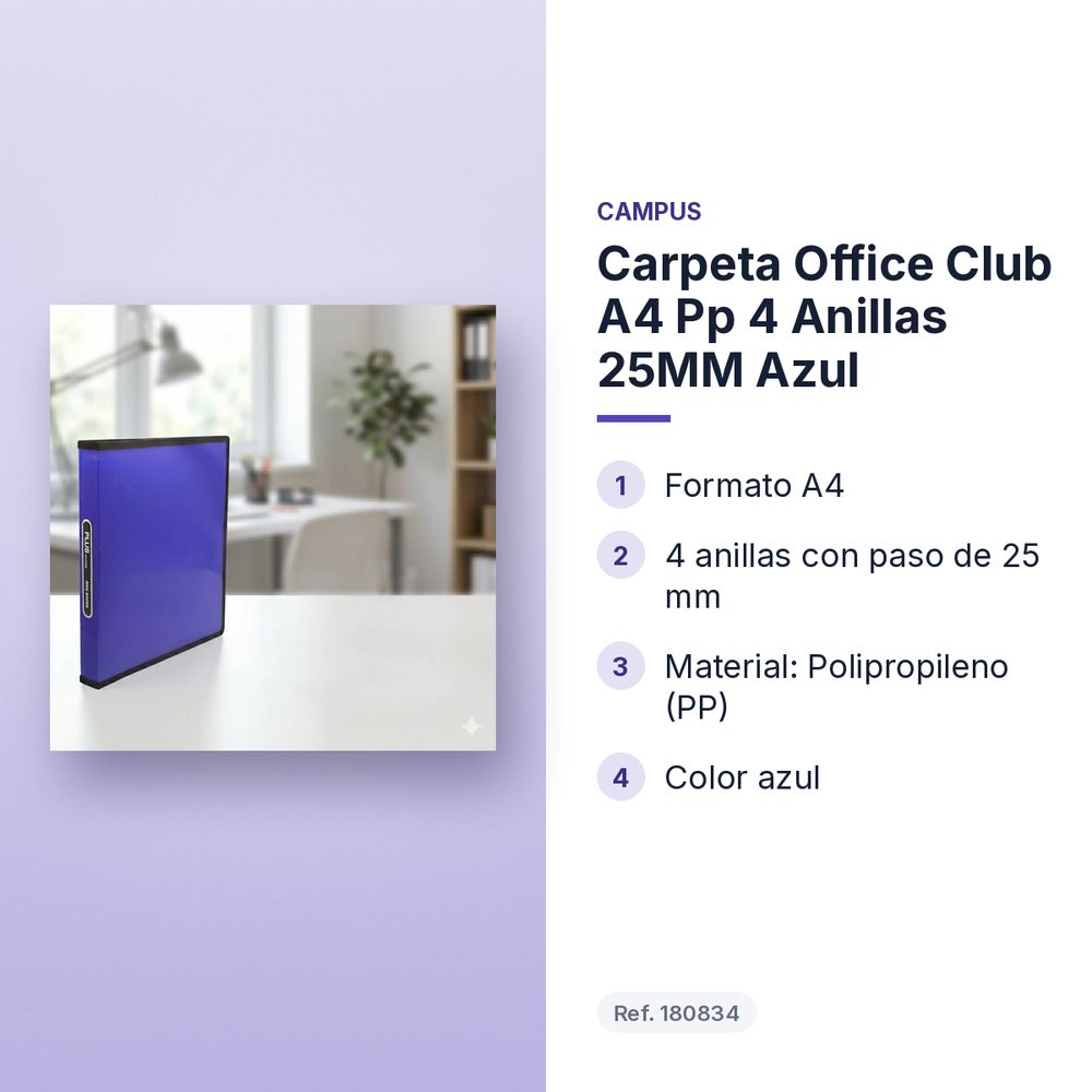 CARPETA OFFICE CLUB A4 PP 4 ANILLAS 25MM AZUL  - características principales