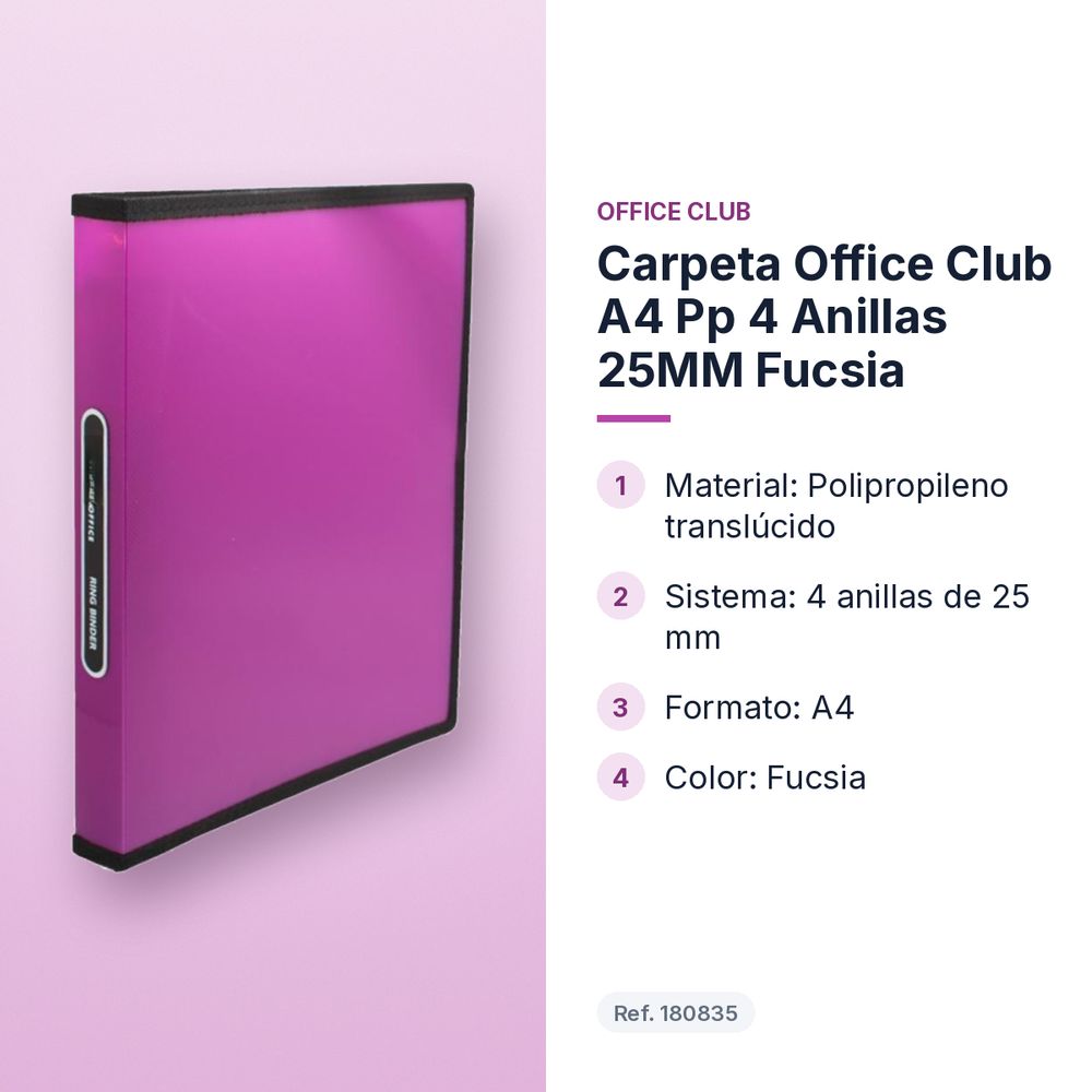 CARPETA OFFICE CLUB A4 PP 4 ANILLAS 25MM FUCSIA - características principales