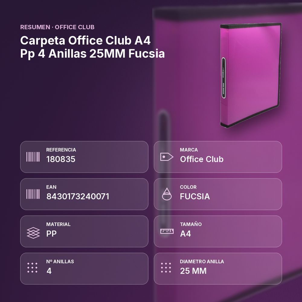 CARPETA OFFICE CLUB A4 PP 4 ANILLAS 25MM FUCSIA - resumen de atributos