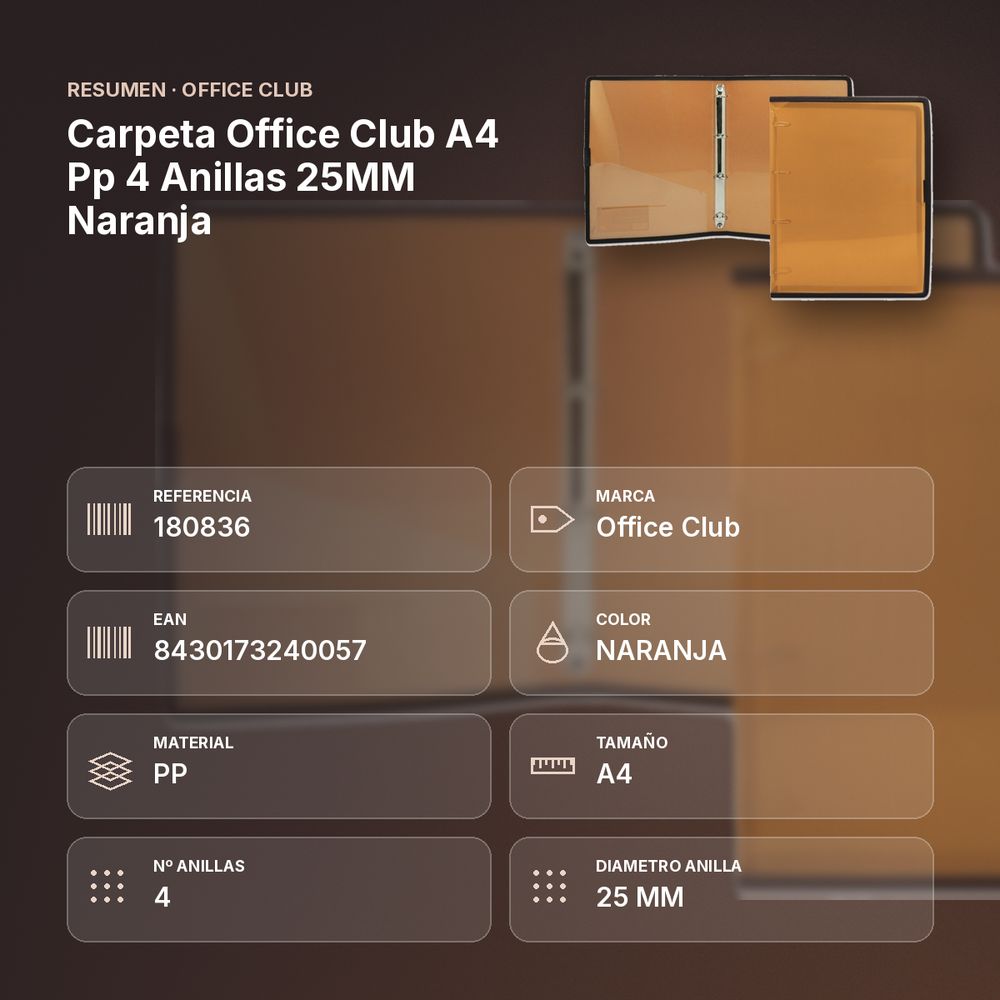 CARPETA OFFICE CLUB A4 PP 4 ANILLAS 25MM NARANJA - resumen de atributos