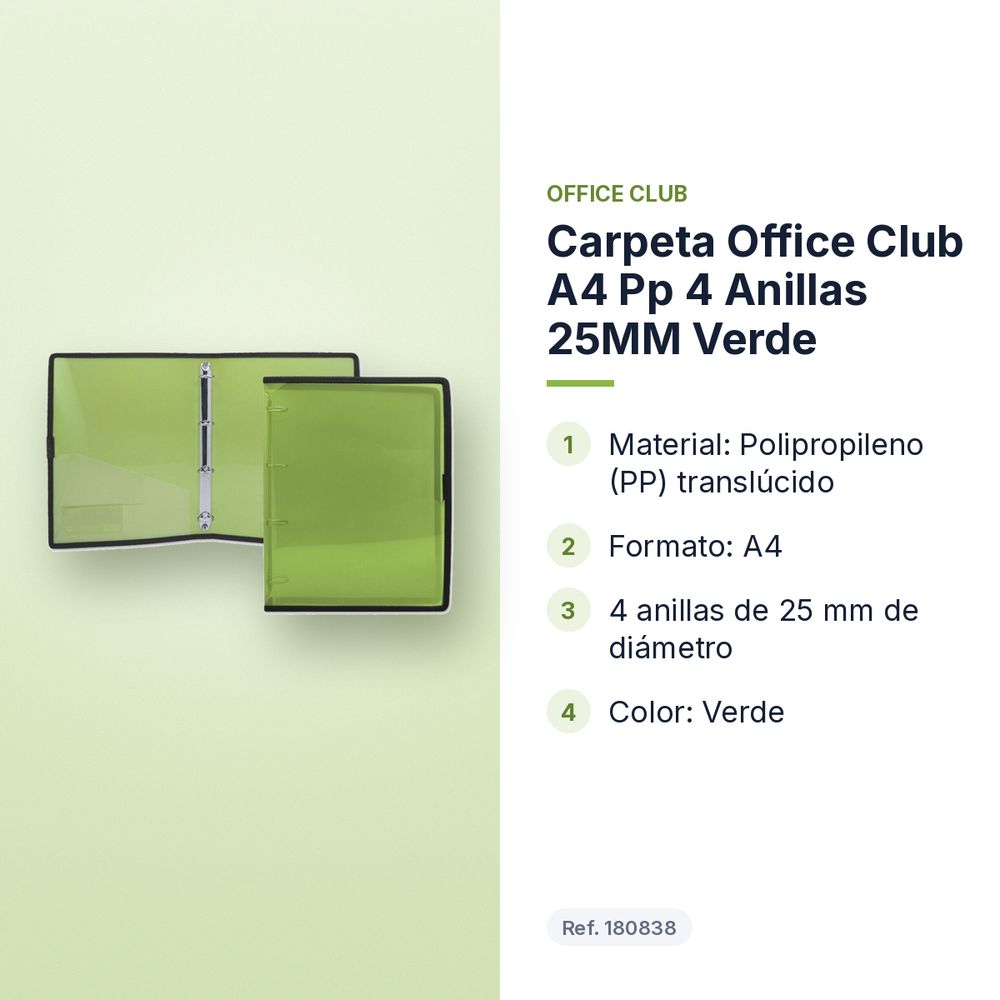 CARPETA OFFICE CLUB A4 PP 4 ANILLAS 25MM VERDE - características principales