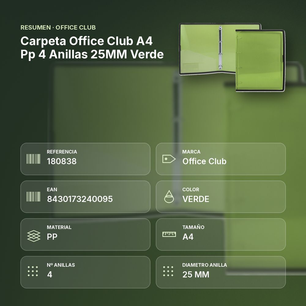 CARPETA OFFICE CLUB A4 PP 4 ANILLAS 25MM VERDE - resumen de atributos