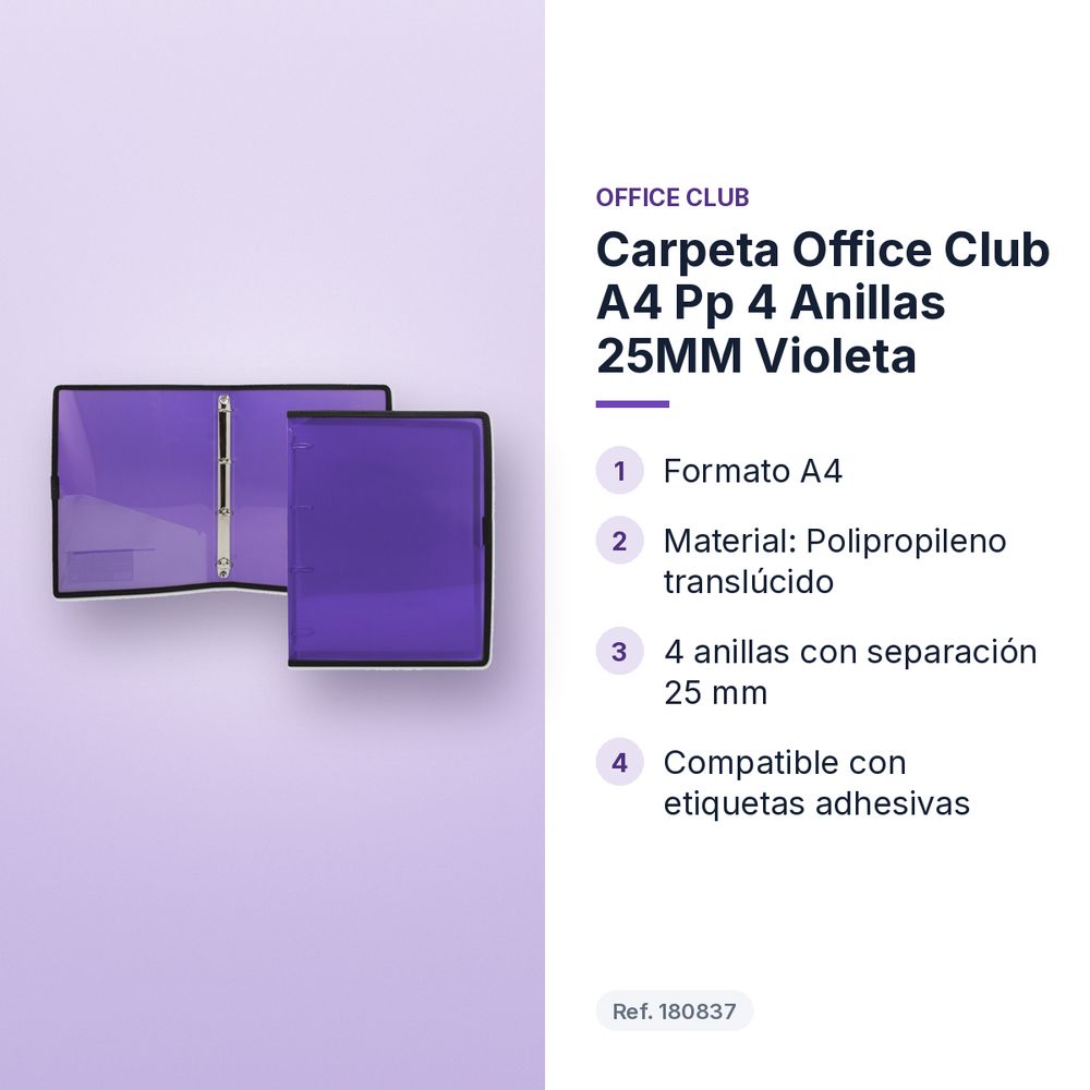 CARPETA OFFICE CLUB A4 PP 4 ANILLAS 25MM VIOLETA - características principales