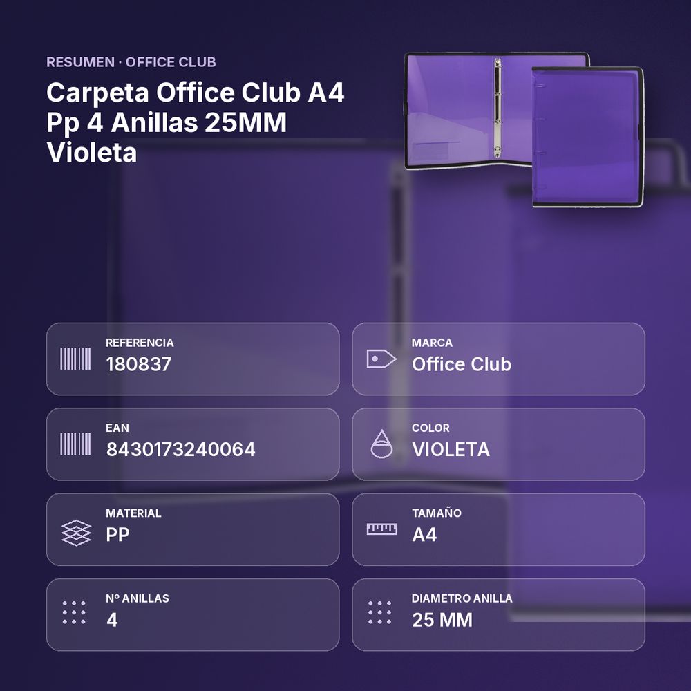 CARPETA OFFICE CLUB A4 PP 4 ANILLAS 25MM VIOLETA - resumen de atributos