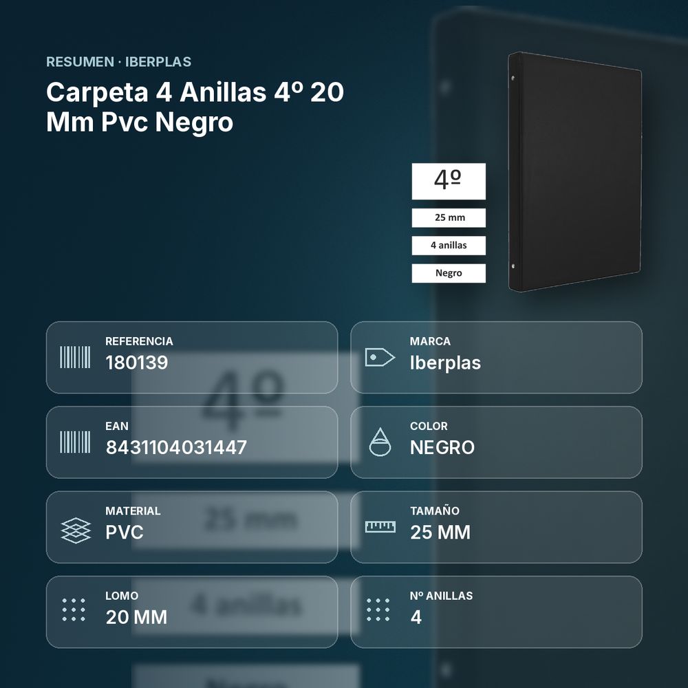 CARPETA 4 ANILLAS 4º 20 MM PVC NEGRO - resumen de atributos