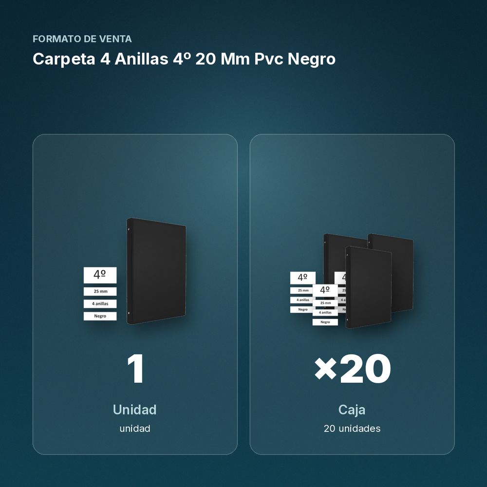 CARPETA 4 ANILLAS 4º 20 MM PVC NEGRO - formato de venta: caja de 20