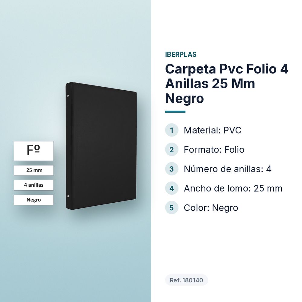 CARPETA PVC FOLIO 4 ANILLAS 25 MM NEGRO - características principales