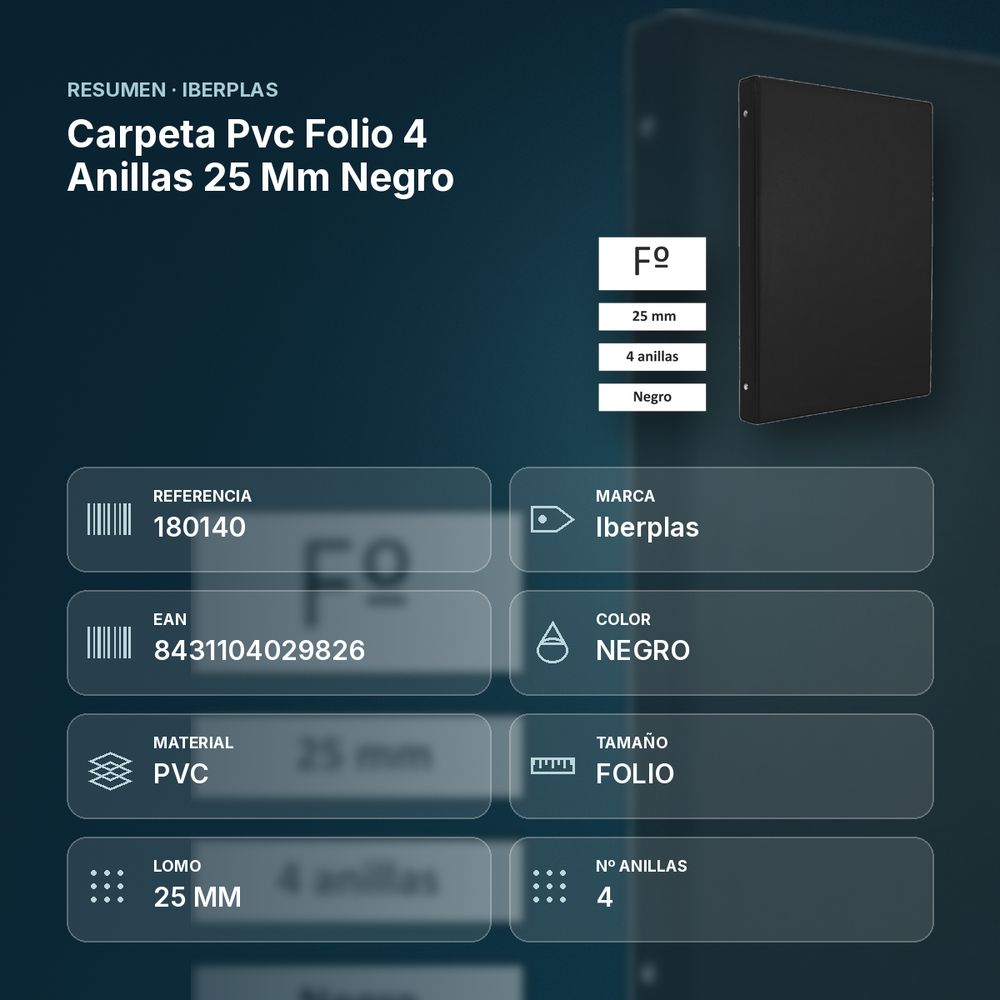 CARPETA PVC FOLIO 4 ANILLAS 25 MM NEGRO - resumen de atributos