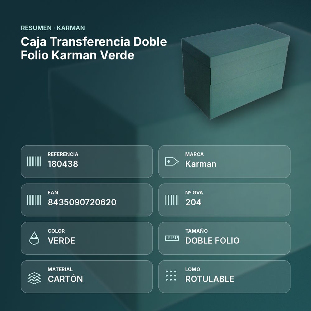 CAJA TRANSFERENCIA DOBLE FOLIO KARMAN VERDE - resumen de atributos