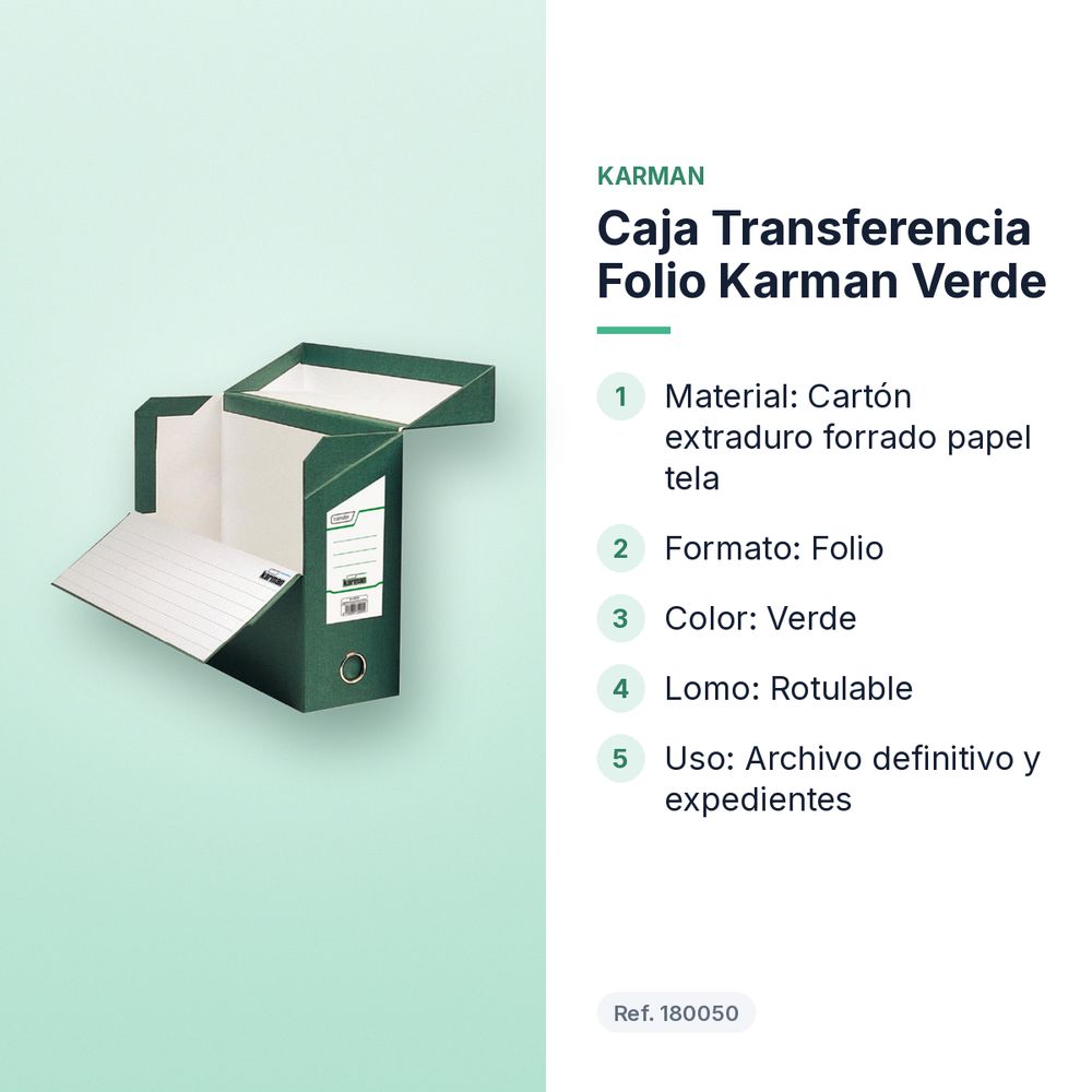CAJA TRANSFERENCIA FOLIO KARMAN VERDE  - características principales