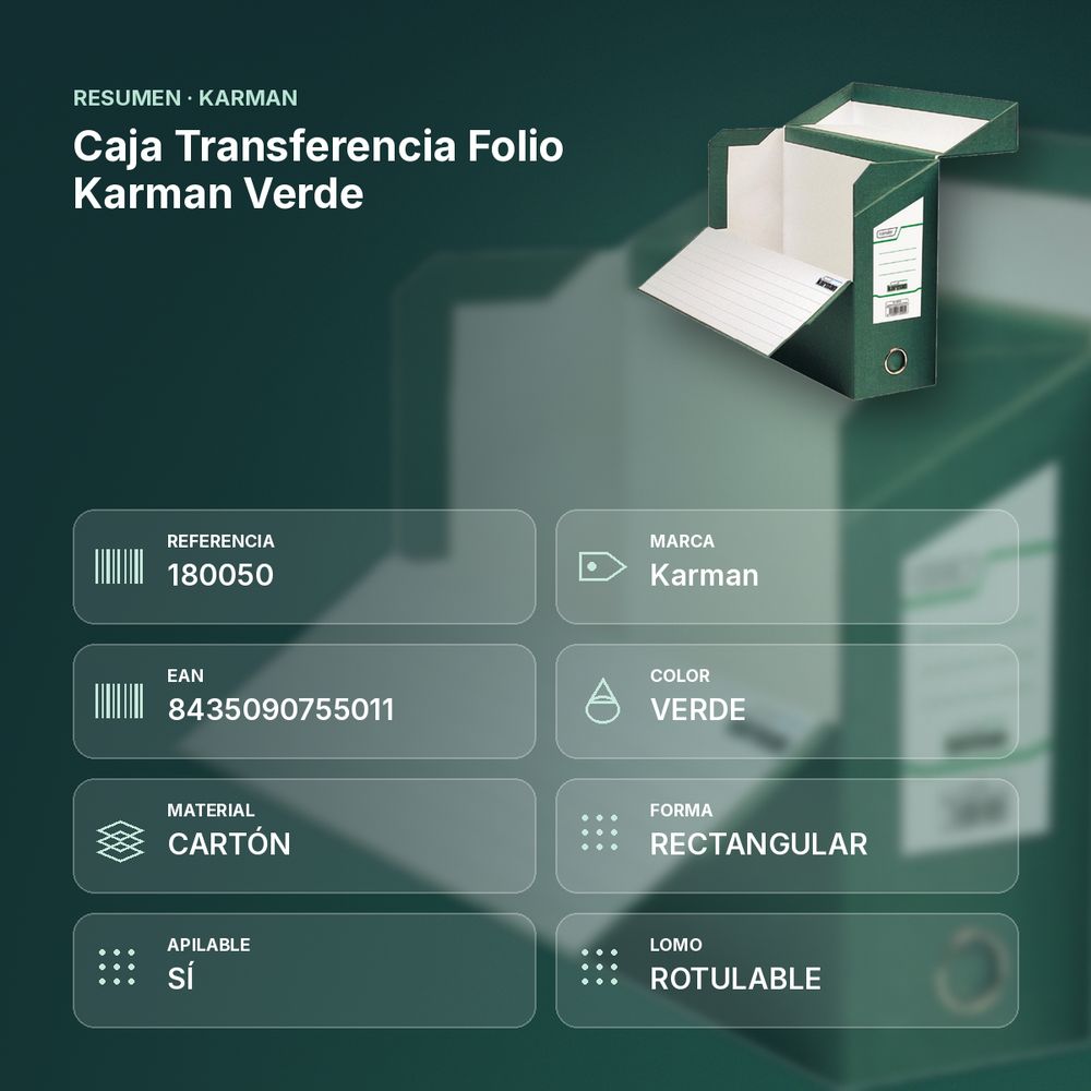 CAJA TRANSFERENCIA FOLIO KARMAN VERDE  - resumen de atributos
