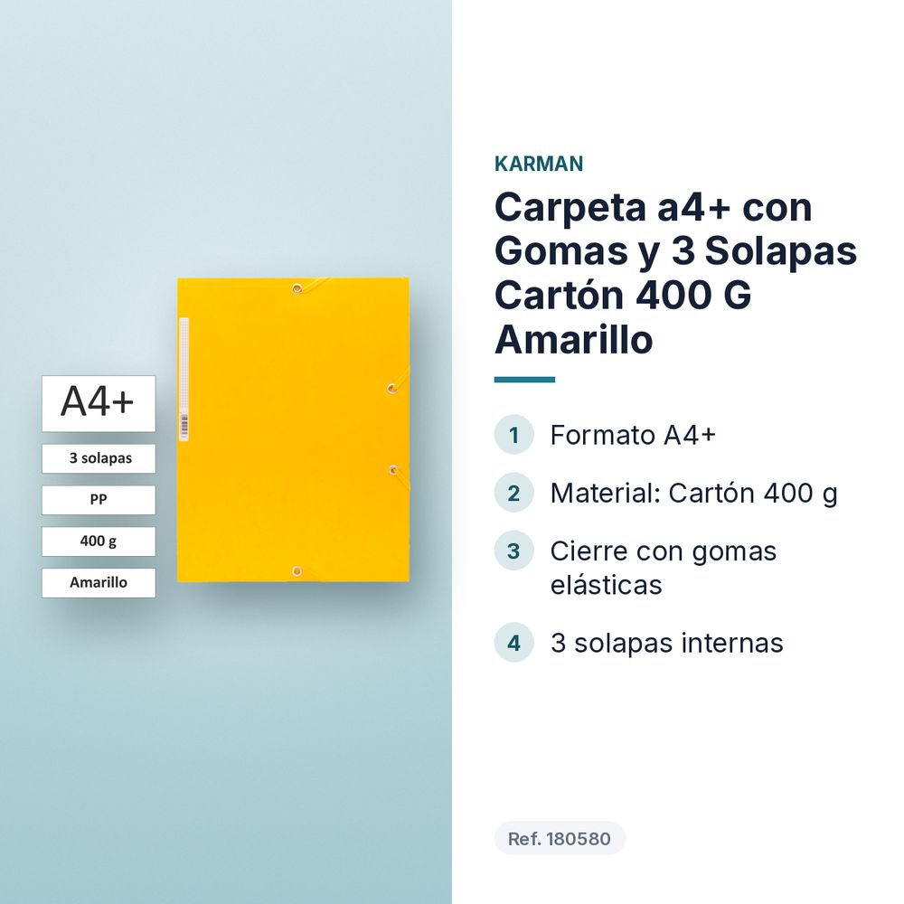 CARPETA A4+ CON GOMAS Y 3 SOLAPAS CARTÓN 400 G AMARILLO - características principales