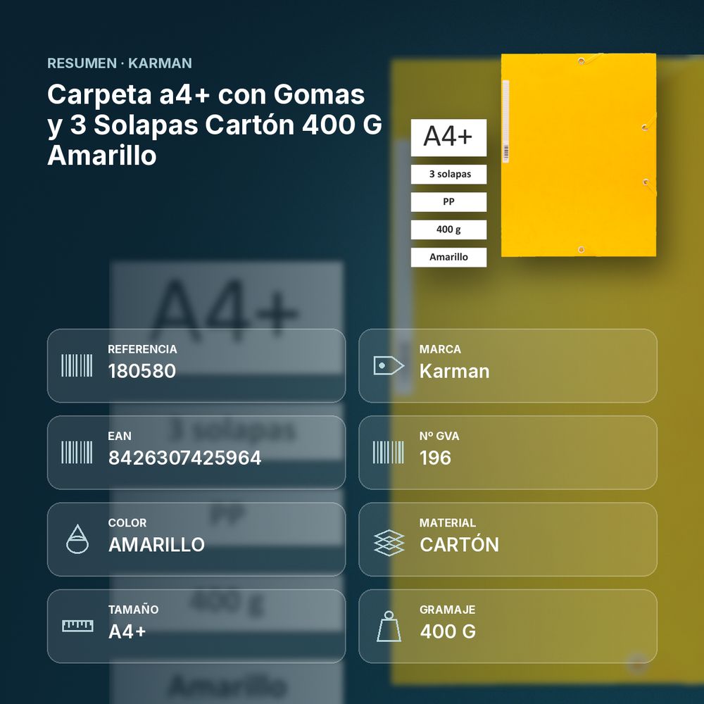 CARPETA A4+ CON GOMAS Y 3 SOLAPAS CARTÓN 400 G AMARILLO - resumen de atributos