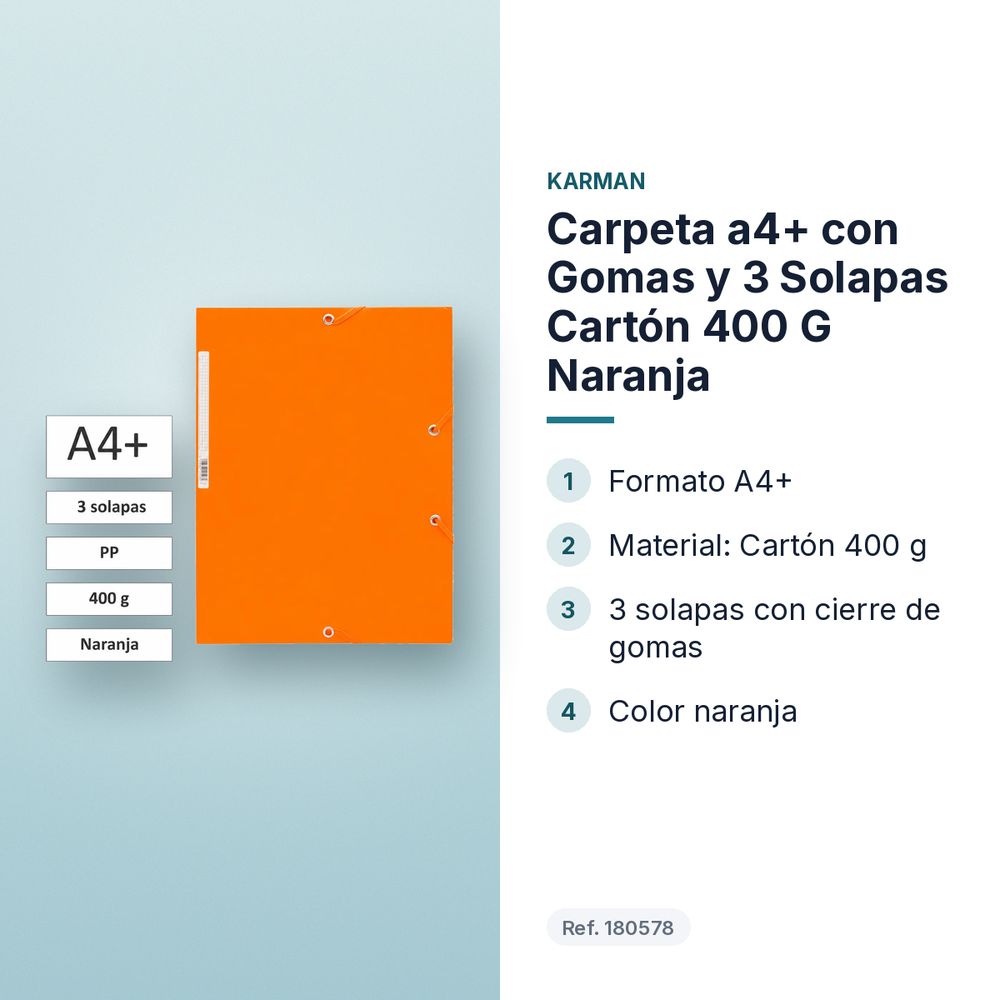 CARPETA A4+ CON GOMAS Y 3 SOLAPAS CARTÓN 400 G NARANJA  - características principales