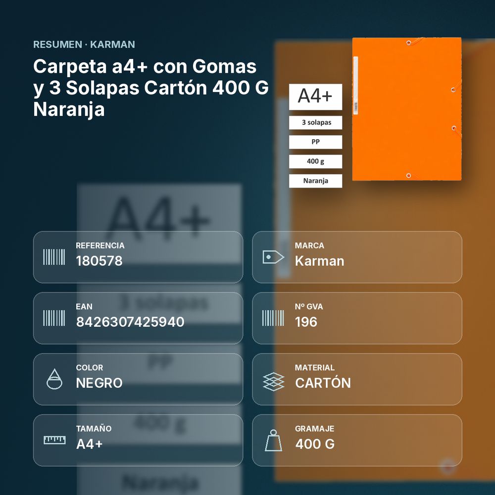 CARPETA A4+ CON GOMAS Y 3 SOLAPAS CARTÓN 400 G NARANJA  - resumen de atributos