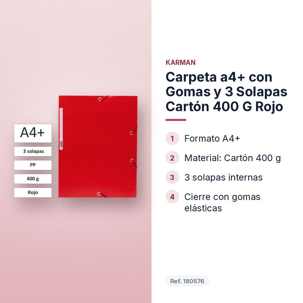CARPETA A4+ CON GOMAS Y 3 SOLAPAS CARTÓN 400 G ROJO  - características principales