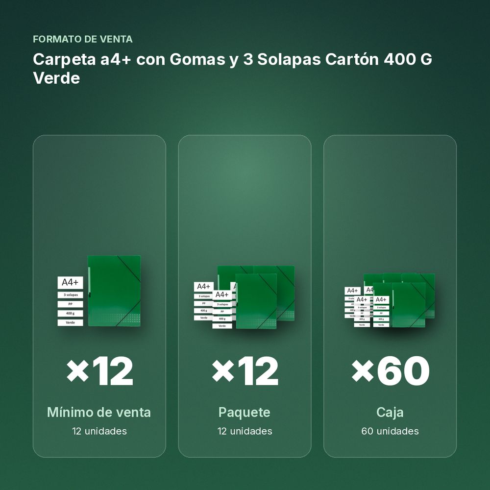 CARPETA A4+ CON GOMAS Y 3 SOLAPAS CARTÓN 400 G VERDE  - formato de venta: paquete de 12, caja de 60