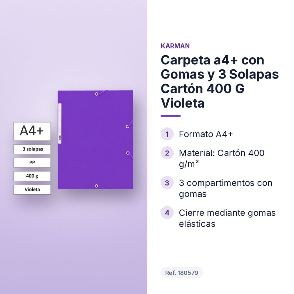 CARPETA A4+ CON GOMAS Y 3 SOLAPAS CARTÓN 400 G VIOLETA - características principales