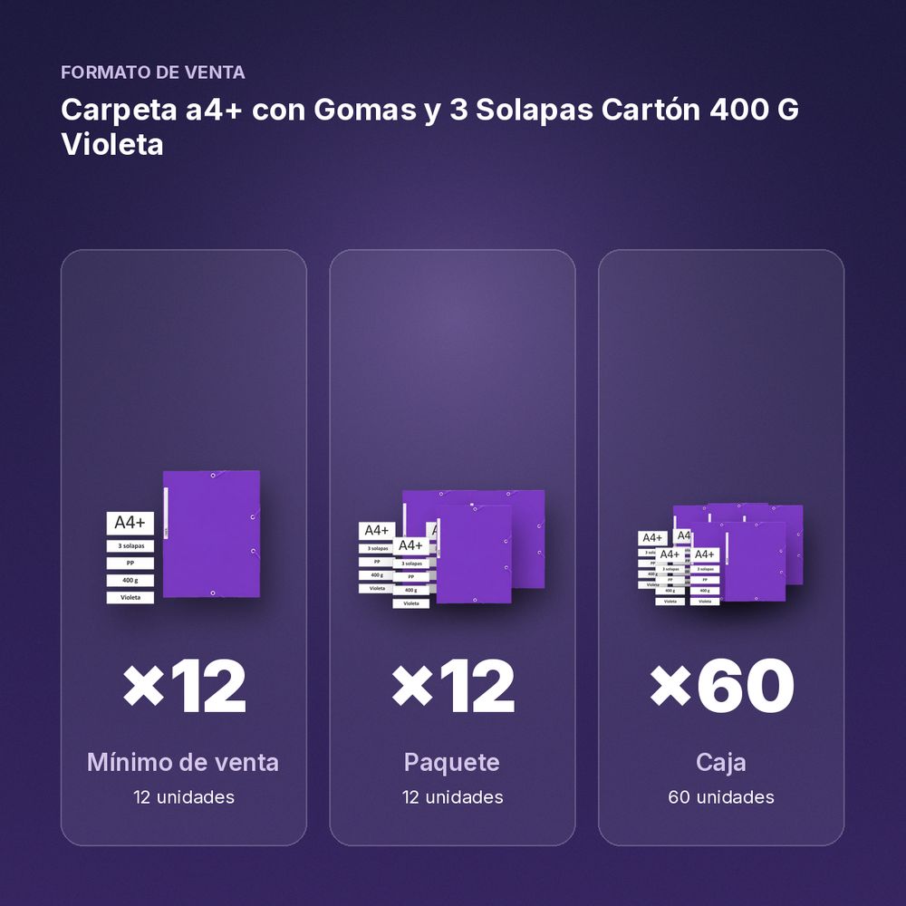 CARPETA A4+ CON GOMAS Y 3 SOLAPAS CARTÓN 400 G VIOLETA - formato de venta: paquete de 12, caja de 60
