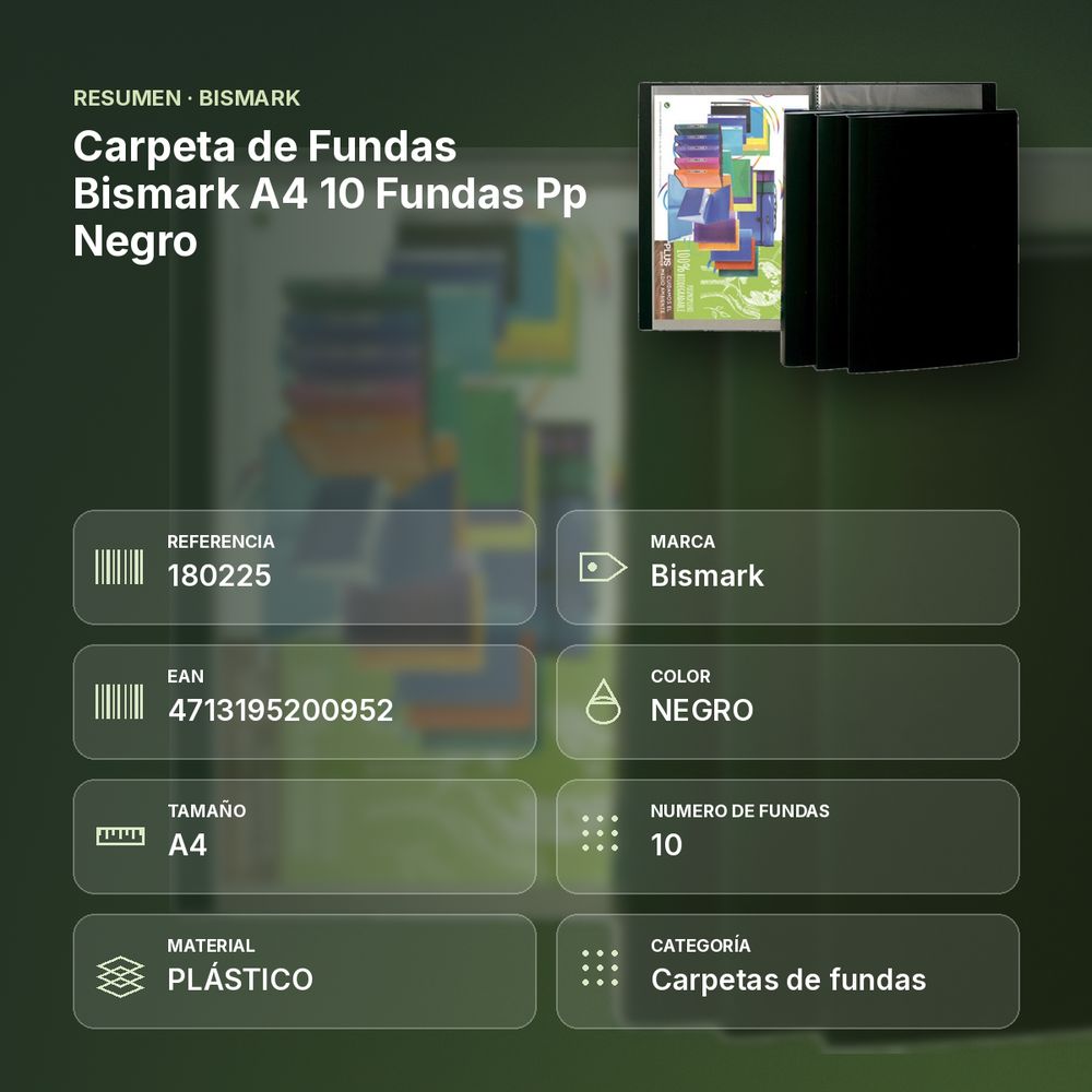 CARPETA DE FUNDAS BISMARK A4 10 FUNDAS PP NEGRO - resumen de atributos