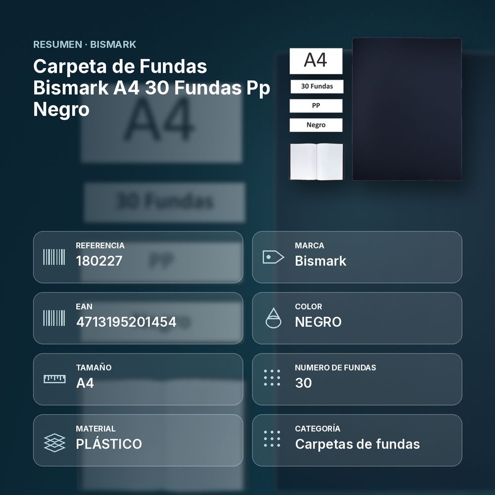 CARPETA DE FUNDAS BISMARK A4 30 FUNDAS PP NEGRO - resumen de atributos