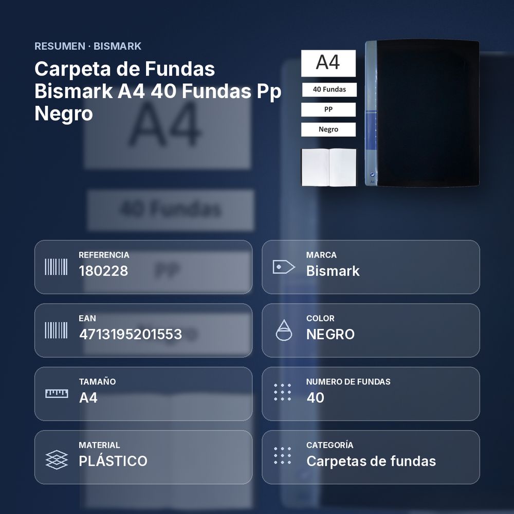 CARPETA DE FUNDAS BISMARK A4 40 FUNDAS PP NEGRO - resumen de atributos