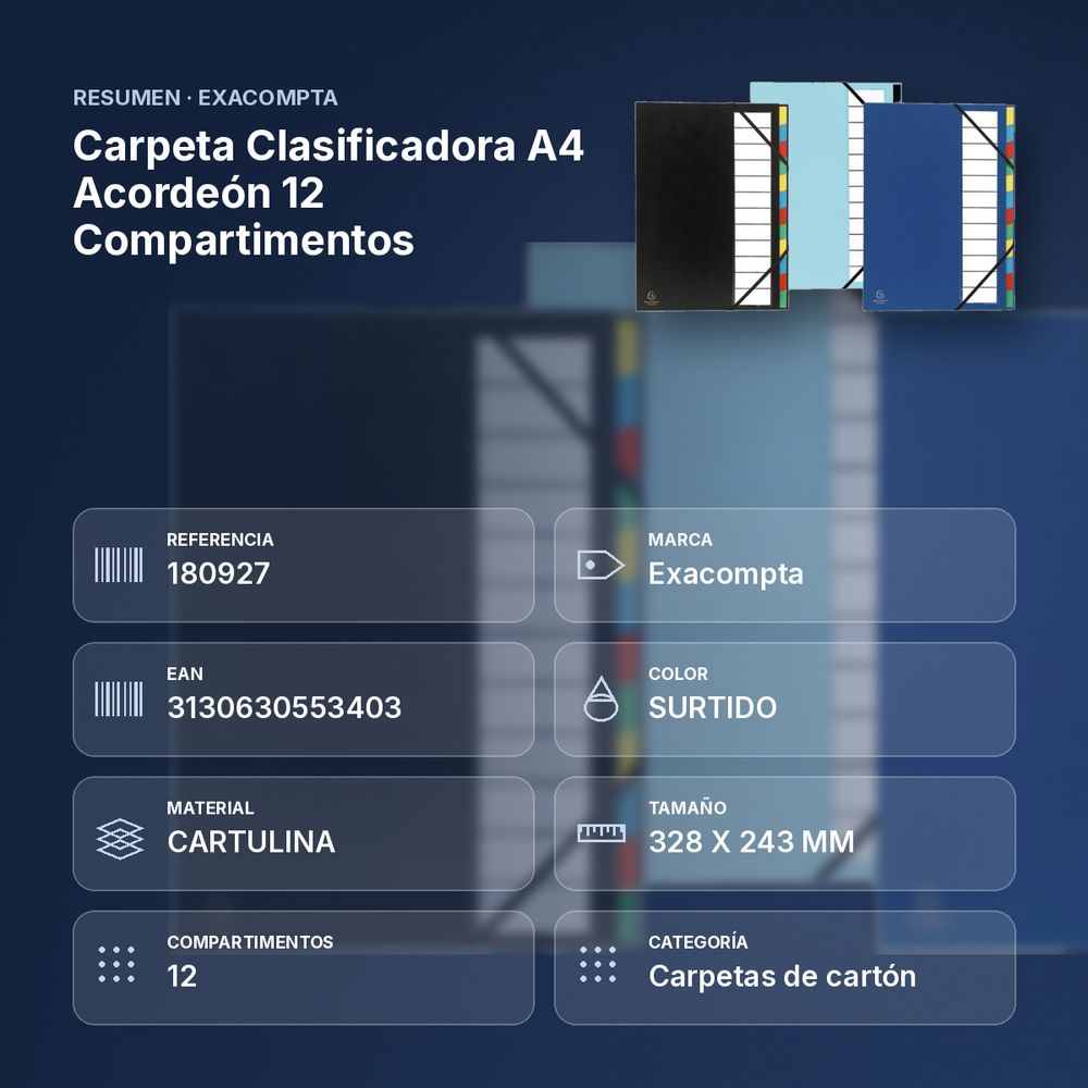 CARPETA CLASIFICADORA A4 ACORDEÓN 12 COMPARTIMENTOS - resumen de atributos