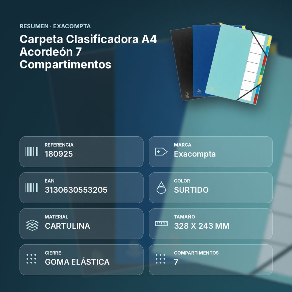 CARPETA CLASIFICADORA A4 ACORDEÓN 7 COMPARTIMENTOS - resumen de atributos