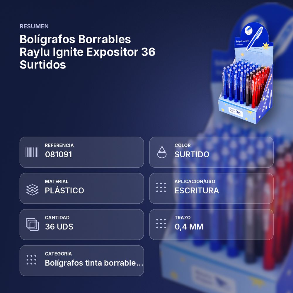 BOLÍGRAFOS BORRABLES RAYLU IGNITE EXPOSITOR 36 SURTIDOS - resumen de atributos