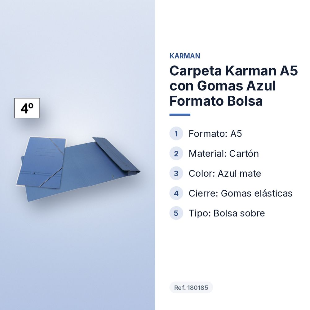 CARPETA KARMAN A5 CON GOMAS AZUL FORMATO BOLSA - características principales