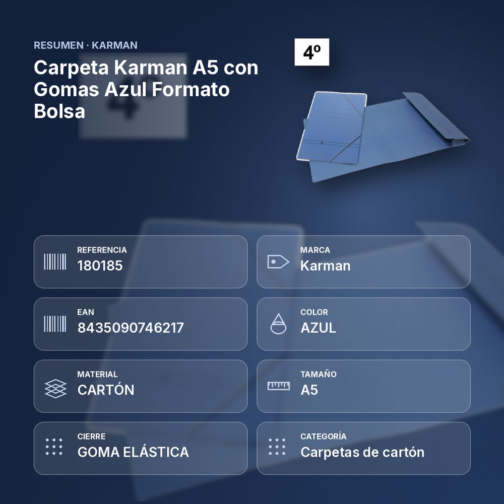 CARPETA KARMAN A5 CON GOMAS AZUL FORMATO BOLSA - resumen de atributos