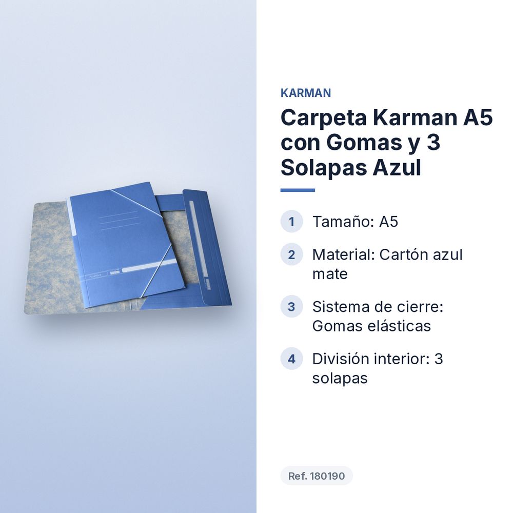 CARPETA KARMAN A5 CON GOMAS Y 3 SOLAPAS AZUL - características principales