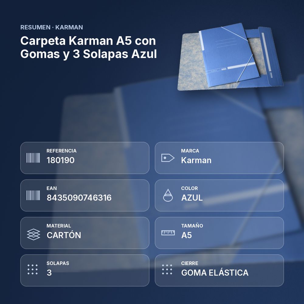 CARPETA KARMAN A5 CON GOMAS Y 3 SOLAPAS AZUL - resumen de atributos