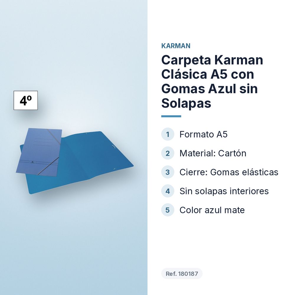 CARPETA KARMAN CLÁSICA A5 CON GOMAS AZUL SIN SOLAPAS - características principales