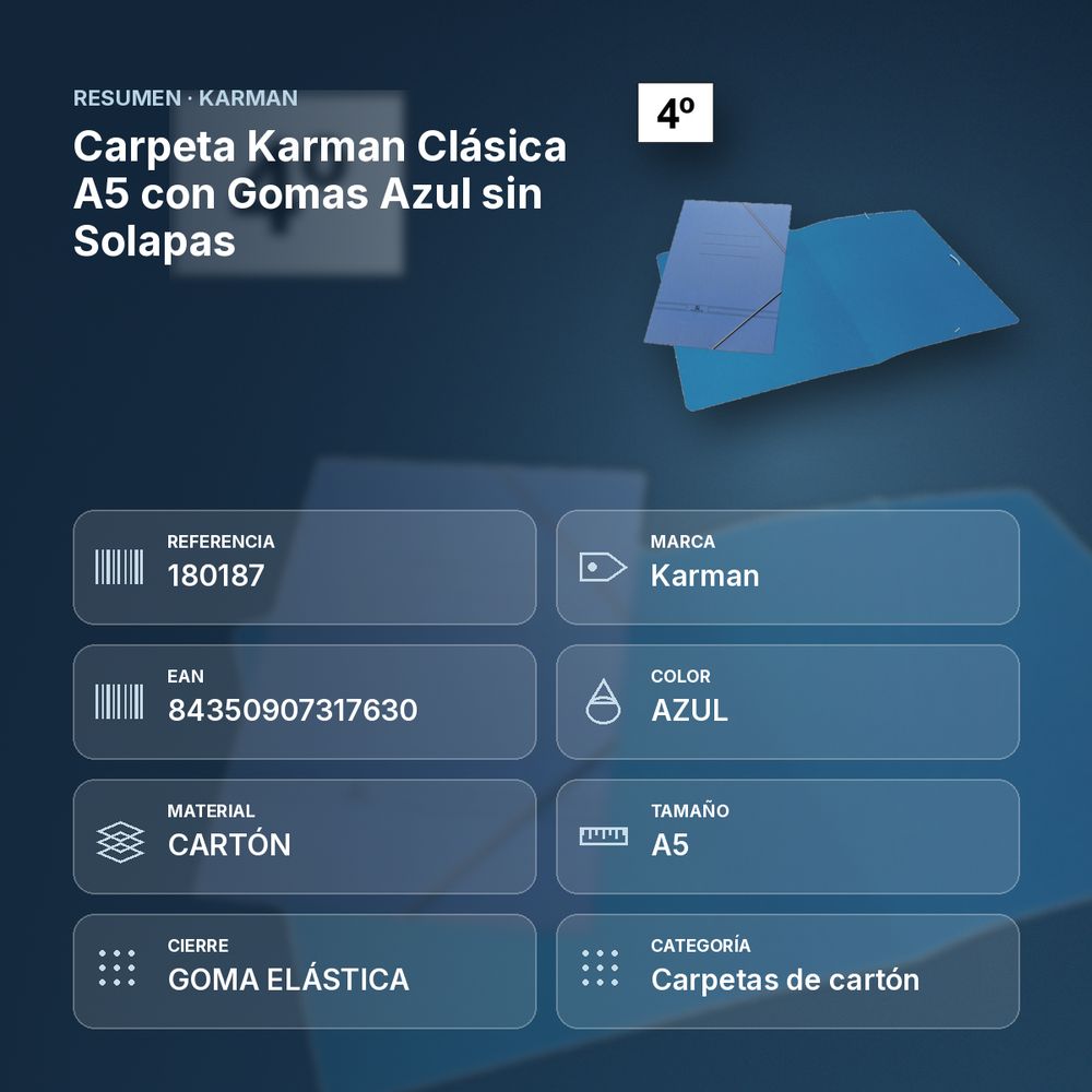 CARPETA KARMAN CLÁSICA A5 CON GOMAS AZUL SIN SOLAPAS - resumen de atributos