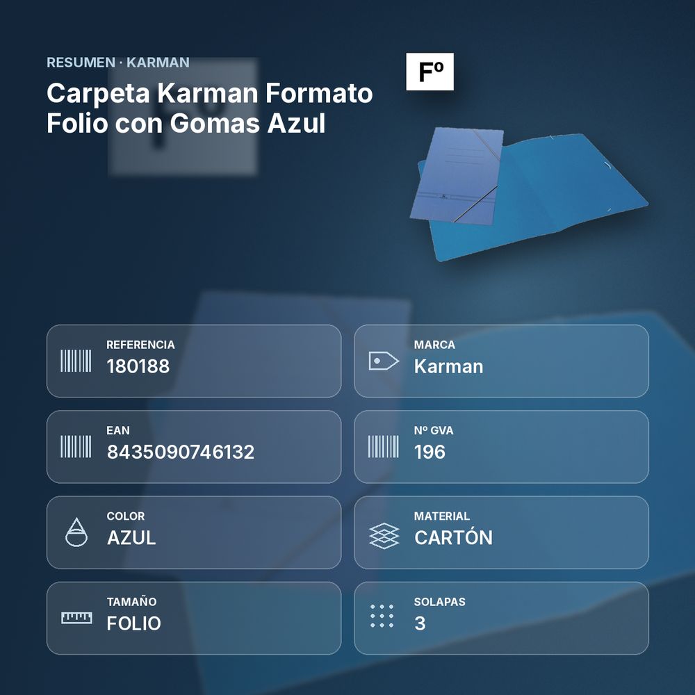 CARPETA KARMAN FORMATO FOLIO CON GOMAS AZUL  - resumen de atributos