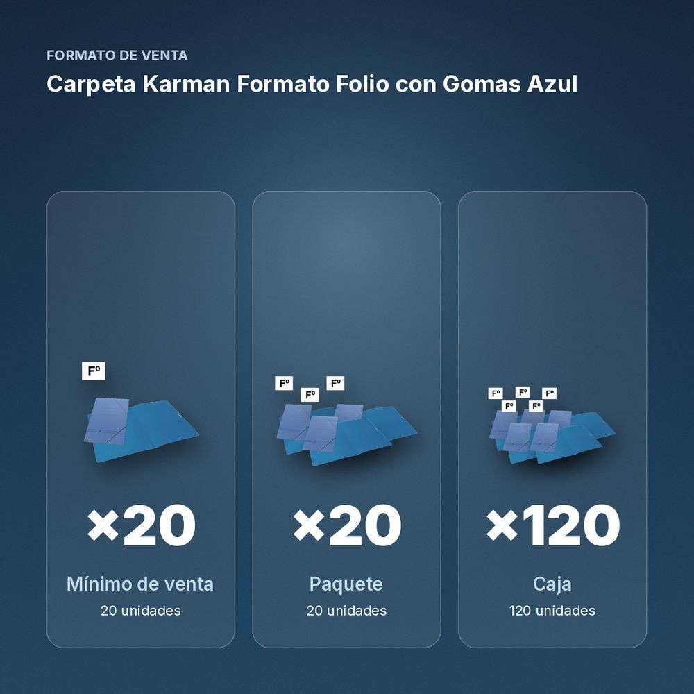 CARPETA KARMAN FORMATO FOLIO CON GOMAS AZUL  - formato de venta: paquete de 20, caja de 120