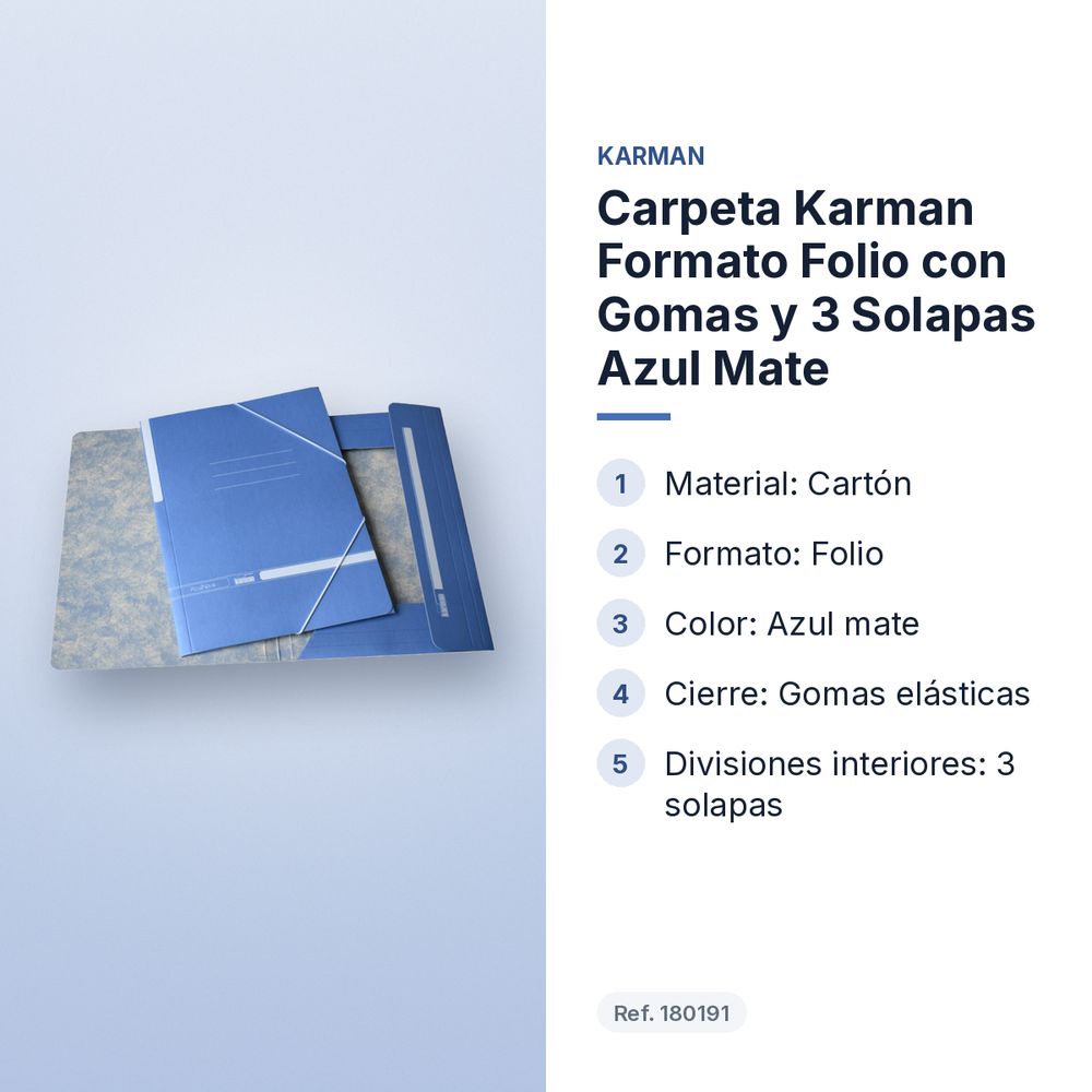 CARPETA KARMAN FORMATO FOLIO CON GOMAS Y 3 SOLAPAS AZUL MATE - características principales