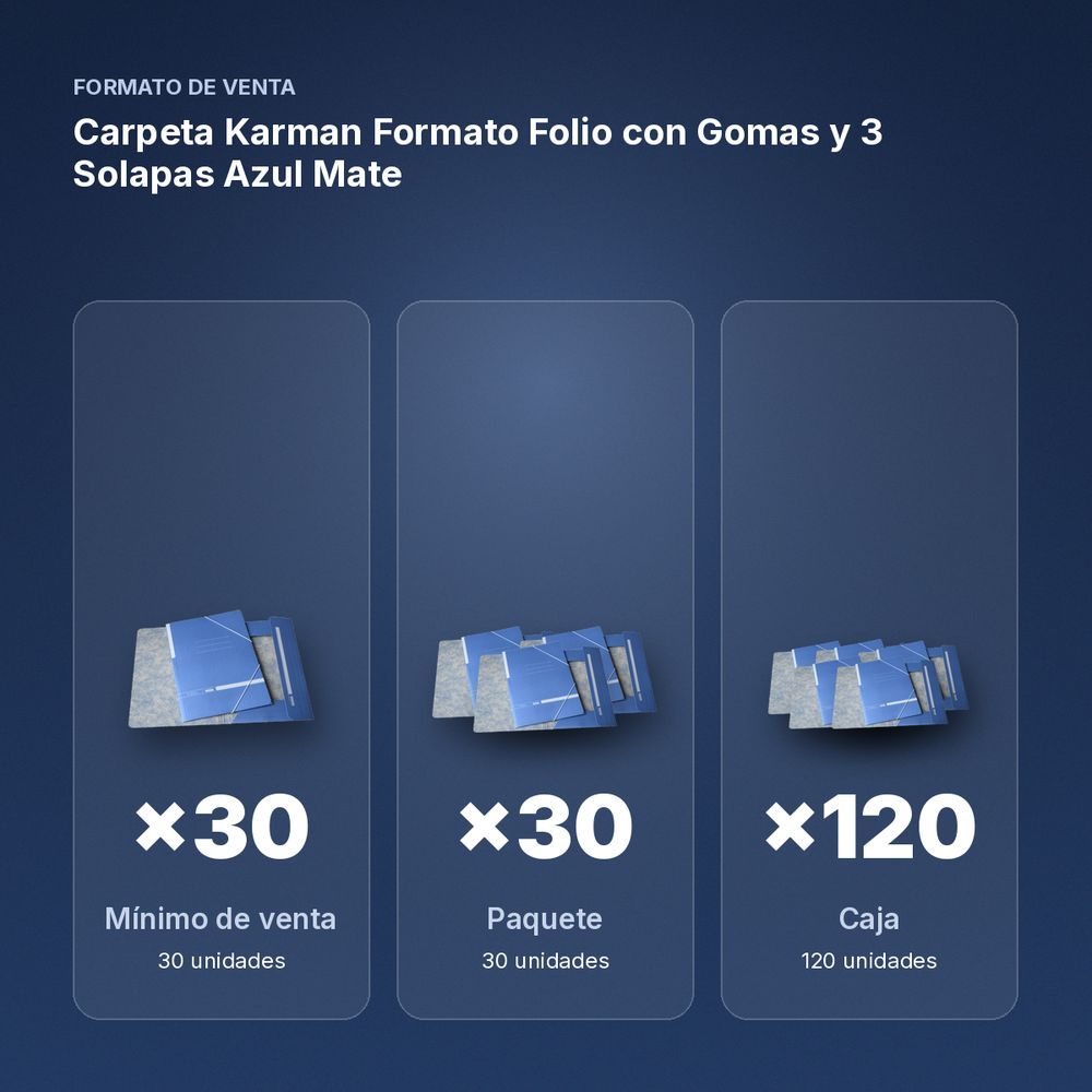 CARPETA KARMAN FORMATO FOLIO CON GOMAS Y 3 SOLAPAS AZUL MATE - formato de venta: paquete de 30, caja de 120