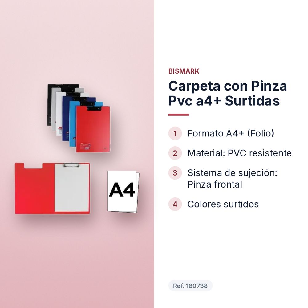 CARPETA CON PINZA PVC A4+ SURTIDAS - características principales
