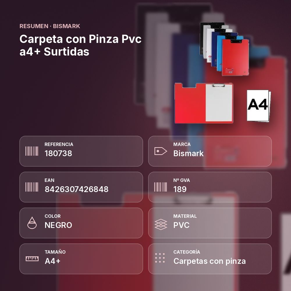 CARPETA CON PINZA PVC A4+ SURTIDAS - resumen de atributos