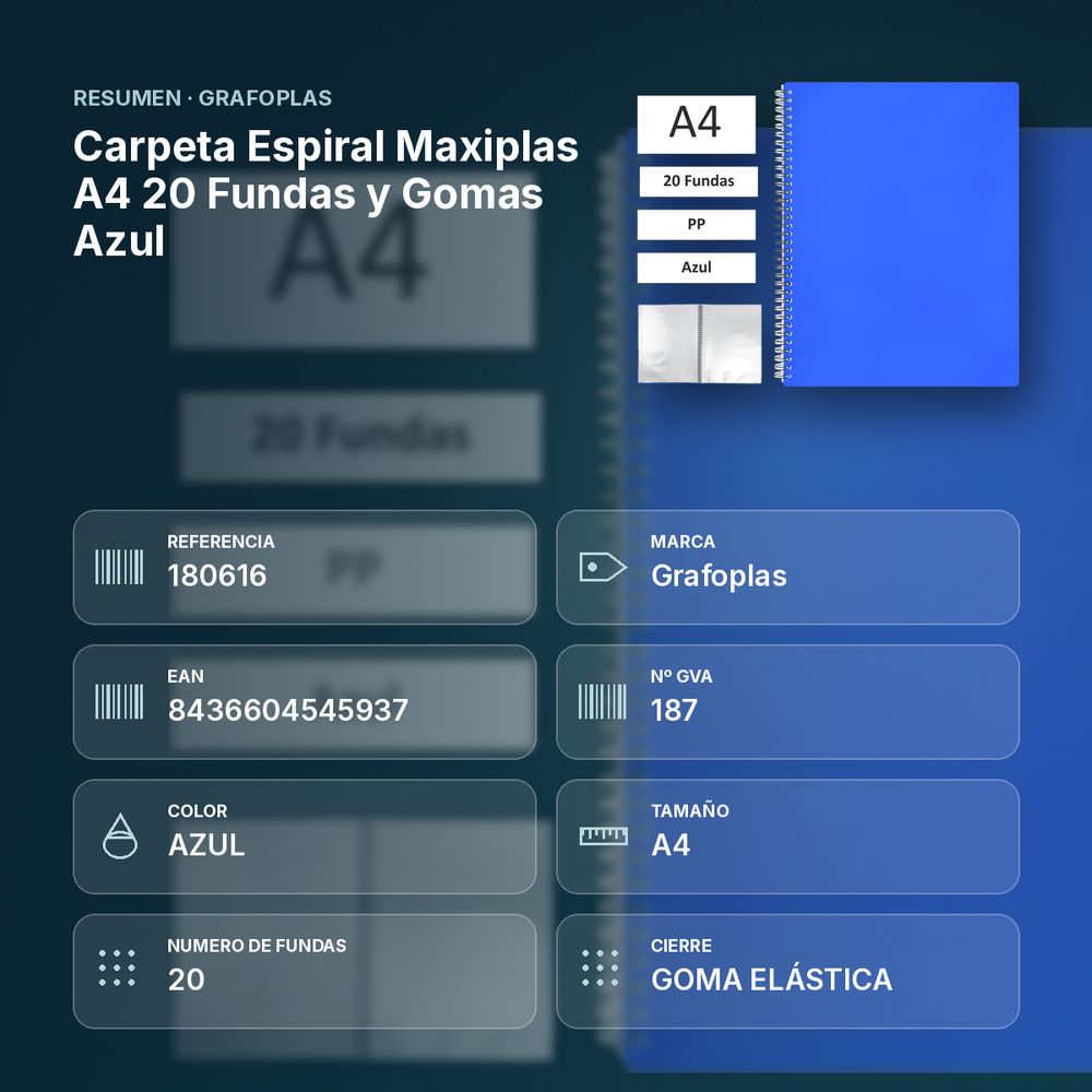 CARPETA ESPIRAL MAXIPLAS A4 20 FUNDAS Y GOMAS AZUL - resumen de atributos