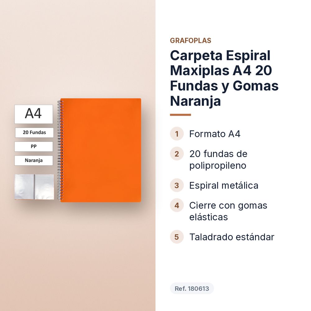 CARPETA ESPIRAL MAXIPLAS A4 20 FUNDAS Y GOMAS NARANJA - características principales