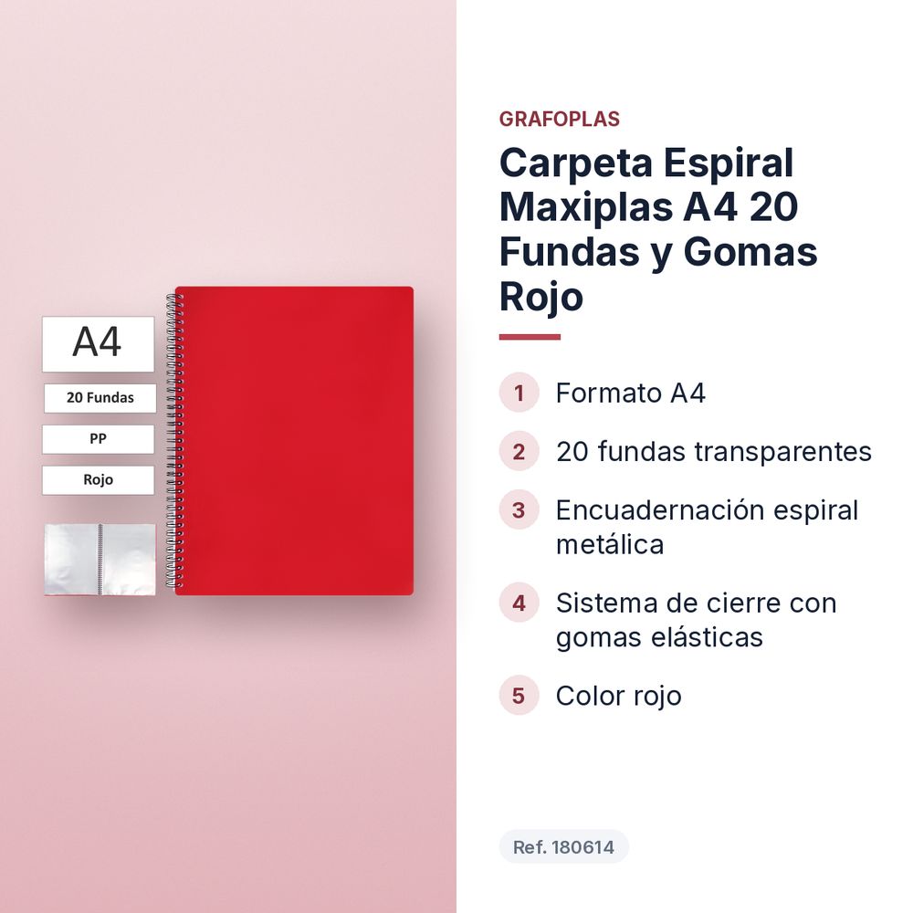 CARPETA ESPIRAL MAXIPLAS A4 20 FUNDAS Y GOMAS ROJO - características principales