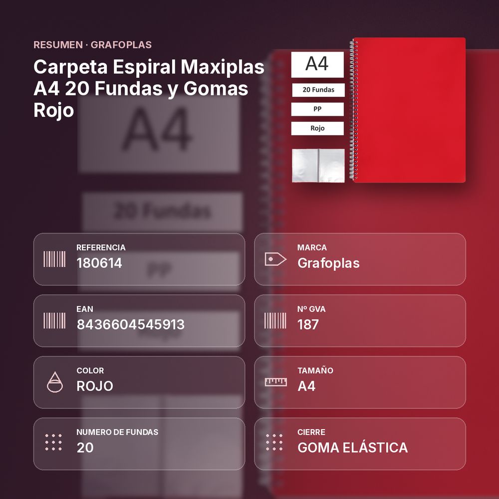 CARPETA ESPIRAL MAXIPLAS A4 20 FUNDAS Y GOMAS ROJO - resumen de atributos