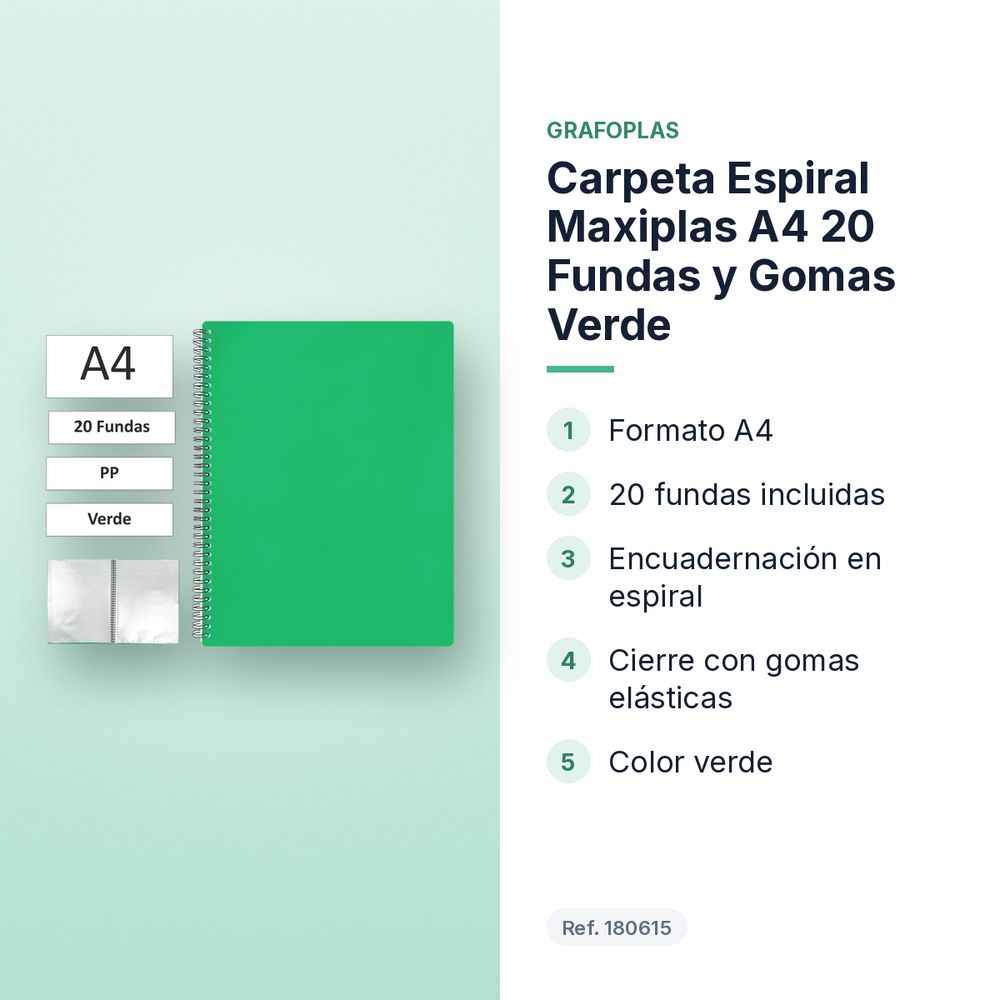 CARPETA ESPIRAL MAXIPLAS A4 20 FUNDAS Y GOMAS VERDE - características principales